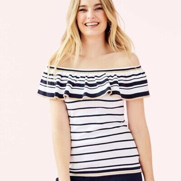 Lilly Pulitzer Perelle White Navy Gold Striped Off Shoulder Sweater Top Small - Picture 1 of 9